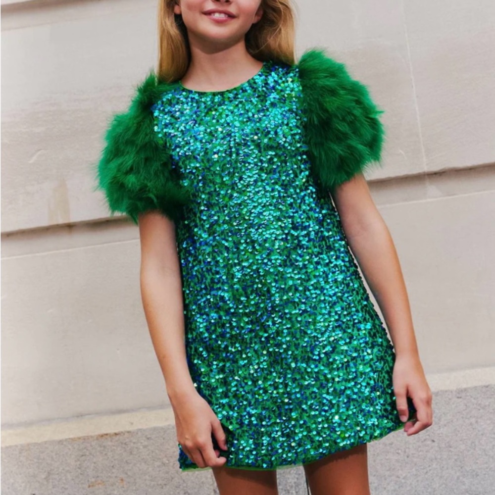 Lola + The Boys Green Sequin Dress with Fluffy Sleeves